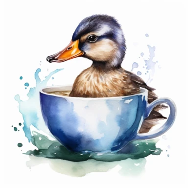 Watercolor Cute Mallard with Cup Clipart Watercolor, Cartoon,hyper realistic, intricate detail, illustration style,high solution,on the white background