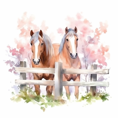 Watercolor 2 Spring Horses behind Fence clipart, hyper realistic, detailed, stylised, nature scene, hyper detailed, cozy colors