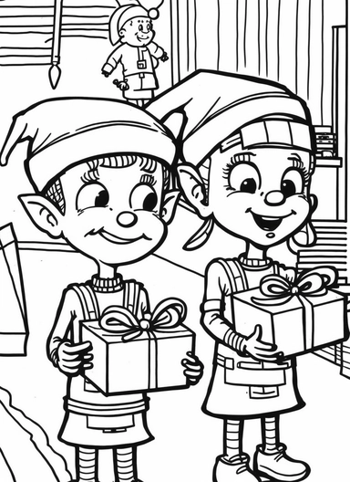line art, black and white, elves working for santa claus, christmas, happy mood, cartoon sketch, coloring page for kids, coloring page for children, thick lines, realistic, drawing, printable outlined art, crisp lines, No background, clip art, hand drawn, No shadows, drawing, No gray, no shades, high contrast. The line art should be clean and crisp, with uniform thickness and minimal shading, to provide a user - friendly coloring experience.