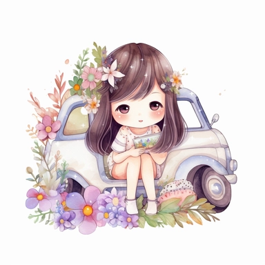 watercolor illustration of adorable cute CHIBI GIRL FLORAL vehicle kawaii, digital art, concept,art,8k,hd,kawaii,isolated,detailed,white backround, clipart
