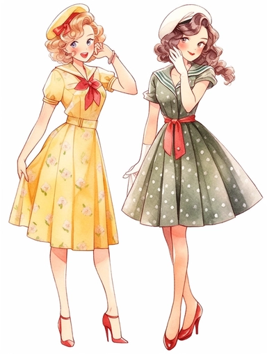 two 20-years-old fashion girls in 1940s are showing their different outfits, happycore, traditional, clipart set, color hand drawn watercolor illustration, isolated image white background