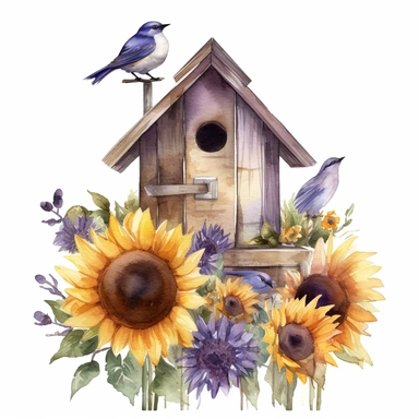 a old country birdhouse with sunflowers and lavender growing nearby watercolor clipart no fonts no letters no words