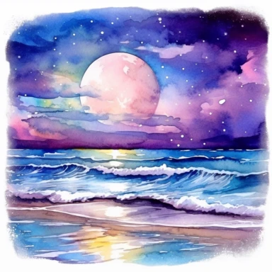 Under the watchful gaze of the moon, a captivating holographic beach emerges in the depths of night, painted in enchanting strokes. watercolor clipart. With a normal, soft light illuminating the scene, the colors take on a wonderful and relaxing quality, evoking a sense of tranquility. The composition offers the viewer the best view, focusing solely on the interplay of sand and water. The sandy shore curves gracefully, its delicate watercolor hues seeming to glow softly. Holographic waves roll g