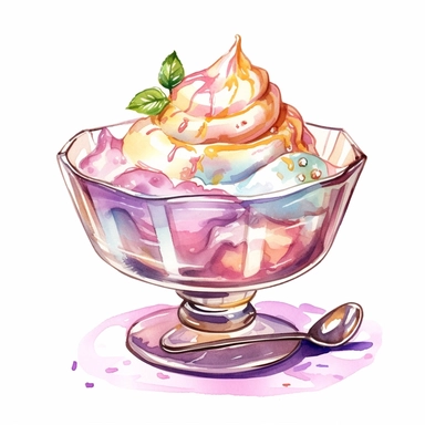 a drawing of a dessert featuring candy and whipped cream, icecream sundae, cake, glass bowl, in the style of pastel toned, shiny/glossy, fantasy realism, caffenol developing, warmcore, #screenshotsaturday, rubens, white background, isolated, free brushstrokes, watercolor illustration, clipart,