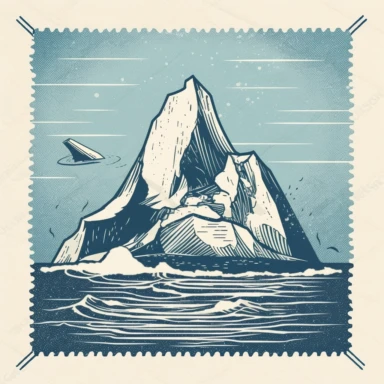 Postage stamp clipart of [an iceberg], paper, clean crisp minimilistic illustration, [blue] colors