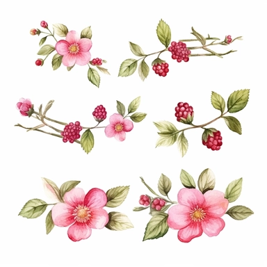 watercolor A clip art 4 set of images featuring raspberry flowers garland isolated white background, minimalist, 8K