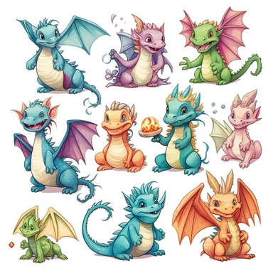 clip art of dragons, cartoon style, harry potter, white background