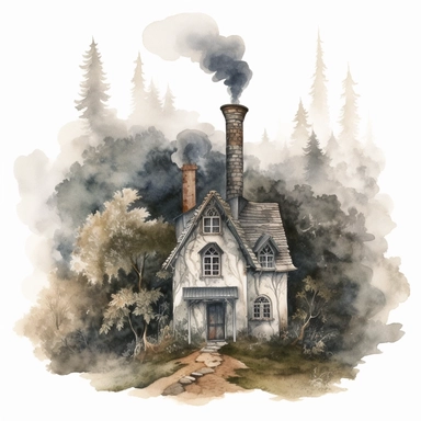 watercolor, hyper realistic, white background, white margins, 16k, ultra detailed clipart, cut out image, hand-drawn, whimsical a spooky-looking cottage in the heart of a dark forest with wispy smoke rising from its chimney.