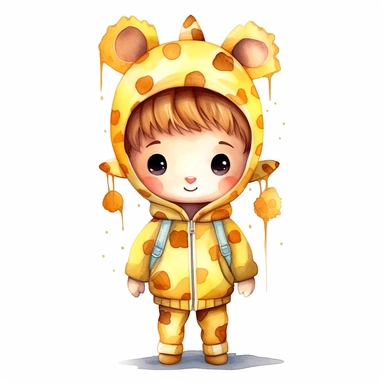 cute kid wearing Giraffe costumes and with happy face,front facing on isolated background,with happy face and expression,Animal Sublimation Clipart,no splash watercolor,white background, ultra detailed clipart, cut out image, colorful watercolor realistic, cartoon style, ultra HD, sharp and clean art