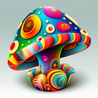 An AI generator could create a 2D, psychedelic mushroom clipart that features a brightly colored, cartoonish mushroom with a bulbous cap, adorned with swirling patterns in shades of bright azure, vibrant crimson, shimmering metallic silver, and brilliant yellow. The stem is thin and twisted, and it too is covered in the same psychedelic patterns, with the addition of metallic silver and yellow. The mushroom is set against a background of swirling colors, giving the overall image a dizzying, trip
