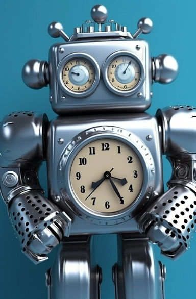 clipart illustration of a toy robot that has buttons and a clock on it, in the style of dark sky-blue and silver, pop art consumer culture, made of all of the above, flickr, metalworking mastery, strong facial expression, cardboard