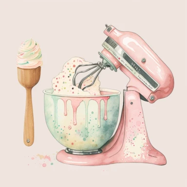 pink retro kitchen mixer with wooden spoon and flour beside it in a watercolor clipart style