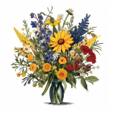 Meadow-Inspired bouquet , large : Create a meadow-inspired arrangement by combining native UK and American flowers that bloom in meadows. Mix cowslips, cornflowers, and red campions from the UK with black-eyed Susans, goldenrods, and butterfly weeds from America, atercolour flower arrangement clipart, vector, intermingled with greenery, white background, no captions, ar 2:2, repeat 10