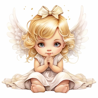 a happy cute little girl angel a two year old, bow on the head, blond hair, dress, gift in the hands, style by Lusy Fleming, folk art, watercolor, clipart elements, smooth gradients, black contour outline, ultra detailed, white background, super clear, high quality