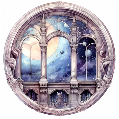Celestial galaxy Fantasy Victorian window Clipart, Watercolor, hyper realistic, intricate detail, illustration style, high resolution, on the white background