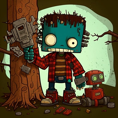 garbage pale kids format, pop surrealism digital art image of broken down, old, rusting, cartoonish, humanoid, child robot working as a lumberjack. The robot is wearing tattered, Paul Bunyun style uniform, made of clothing for humans. The robot is in an art style inspired by artists like Tara McPhereson, Nooligan, and Robin Eisenberg. To be used for digital clipart. Use dull, 1970's style, yellow, green, brown color scheme for the robot.