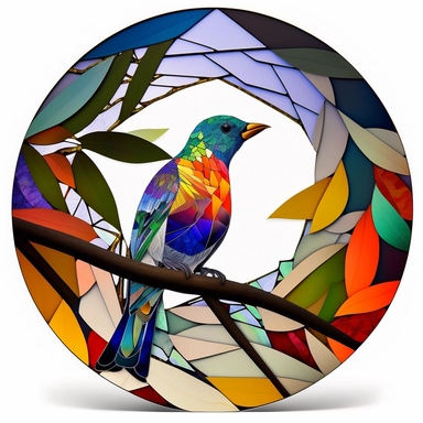Exotic Bird Colorful Stained Glass Circle Clipart, white background,