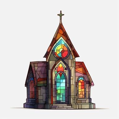 a little cartoon church, pixar, clipart, stained glass windows, cross on top, blank background, sharp lines, 8k
