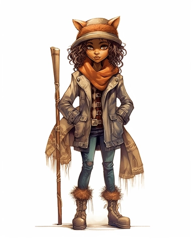 with stick fur,big eyes,full body shot,with jean jacket,brown pans,boots,scarf,contrasting colors,no outline,no background, realistic hyper-detail, in the style of victorian-inspired illustrations,realistic shading, pictorial fabrics, contest winner, organic designs, on a plain white background, clipart, masterpiece, trending on Artstation and Dribbble.