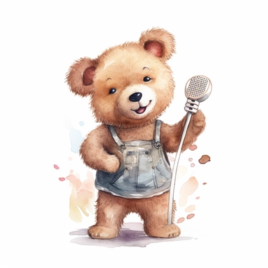 watercolor , character cute singer baby teddy bear, clipart, vector, on white background, 8k
