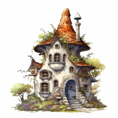 one fairy house clipart on a white background, in the style of hyperrealistic fantasy, intricate art nouveau, international gothic, highly detailed realism, atmospheric watercolors, fantasy characters, dark white and light bronze , no watermark, text, 300 DPI , typography, shapes do not stick together, no text in the picture, on a white background
