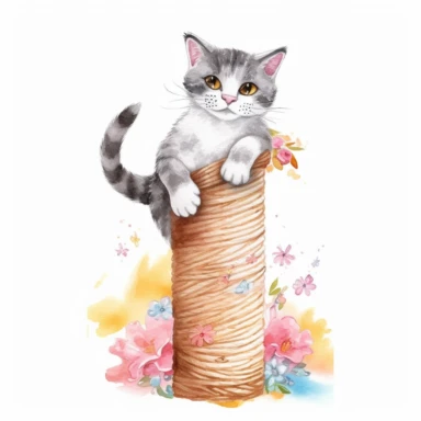 Adorable watercolor clipart of a playful cat with a scratching post, capturing the beauty and innocence of pets, with vibrant colors and soft details, perfect for a pet-related project, cute and charming, high-quality artwork, hand-painted with love, playful and fun.