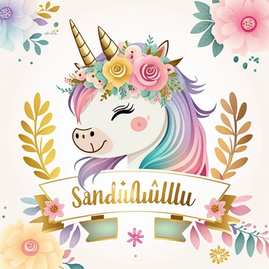 cute unicorn in chibi style with flowers in hair, colourful rainbow colours, well lite, with name plate ribbon with gold trim, watercolor clipart using procreate grain brush, svg white background