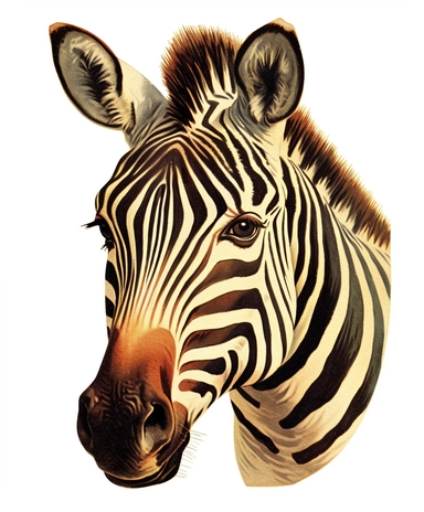 Vintage 1920 Front View Portrait of Zebra Head looking at the camera Illustration , Chromolithograph, Die Cut, 1920s Illustration, Vintage, Chromolithograph, Colorful, Antique, Ephemera, Clipart, 8k, Isolated on white
