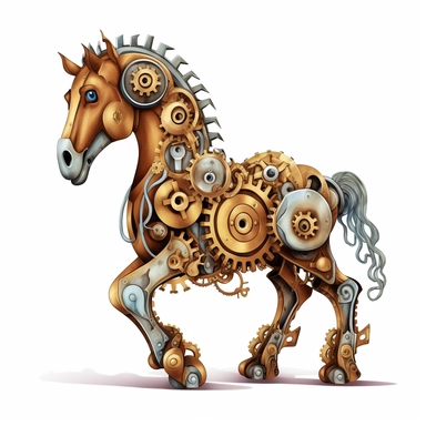 friendly horse with cute eyes, standing up, in the style of steampunk, clipart, white background, lots of cogs