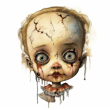 a headshot showing the scary face of a possessed antique doll with cracks, watercolor, ultra high-detail, dark outlines, clipart