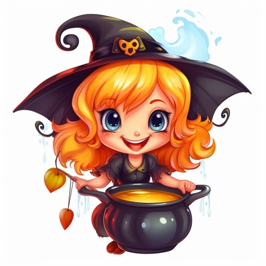 A cute fairy with bat wings and a witch hat, holding a cauldron filled with candy and smiling mischievously. White background, vector, clipart cartoon