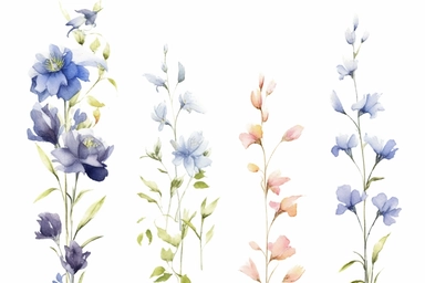 COLLECTION OF enchanted BLUE BELL FLOWERS AND LAVENDER FLOWERS flowers SET ON A ROW, GREEN LEAVES COVER IN BETWEEN, WATERCOLOR HAND PAINTED clipart, WATERCOLOR AIRY PASTEL COLORS, VISIBLE WATERCOLOR BRUSH TOUCHES, DREAMY AND ELEGANT, COLORFUL DREAMY FLOWERS, white background, WATERCOLOR 8k,