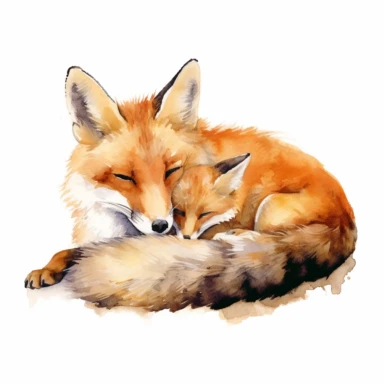 Watercolor clipart of a fox cub and its mother snuggling up for a nap, on a completely white background.