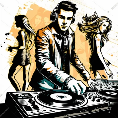 clipart a Man dj in club , girls very Cute dancing on the dancefloor