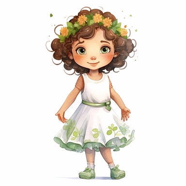 4 year old cartoon Pretty girl, cute cartoon white skin girl with medium lenght curly hair, wearing a white dress patterned with little color flowers and a green belt, smiling with her arms crossed. Pixar childrens book cartoon style, detailed, modern, urban, watercolor, full color, flat color, white background, children book illustration. Watercolor clipart. Pixar animation