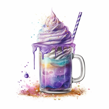 high level watercolor, hyper realistic, white background with margins, 8k, ultra detailed clipart, A potion-inspired milkshake with layers of colorful, swirling liquid and topped with whipped cream and magical sprinkles, cool, fairy, purple