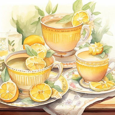 A watercolor illustration of a cozy and whimsical tea party scene, complete with an array of charming teacups and saucers adorned with delicate lemon slices. The tea set clipart should feature intricate floral patterns and intricate details, with the tea cups and teapot rendered in a sunny yellow hue. The overall style should be soft and dreamy, evoking the feeling of a lazy afternoon spent sipping tea with friends in a lush garden.