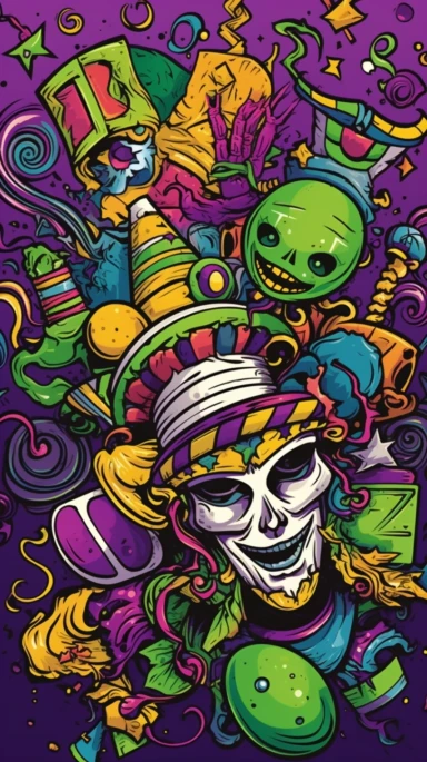 mardi gras decorations from cliparts images ai, in the style of pop art style graphics, light purple and dark green, mcdonaldpunk, hand-drawn animation, cartelcore, primary colors, caravaggism