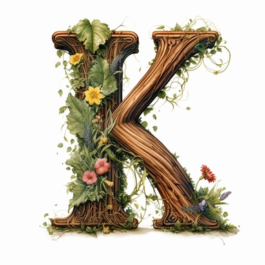vintage letter K Made Of Tree with vines wrapped around, flowers. moss clings to, illustration clipart, high detailed, white background, digital art