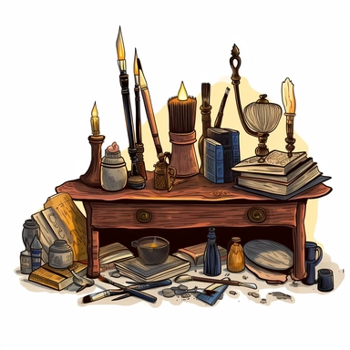 a clipart displaying a desk with collection of enchanted objects, including floating candles casting a warm glow, animated paintings depicting scenes from magical history, and brooms sweeping the floors on their own, white background, 4k, details,