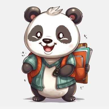 cute panda, student, happy and smiling, clipart, white background, no shadow