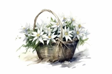 Watercolor , Edelweiss in a Mesh wire basket, clipart, hd, on a white background, spaced out