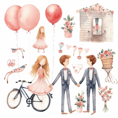 Watercolor wedding cute illustrations clipart set, simple, soft colors, cartoon elements, different variants, girl with long braids on wedding day, wedding, husband and wife, veil, garland, balloons, wedding bouquet, gold rings, wedding cake, wooden elements, they sit on a bench, on a car, on a bicycle, white transparent background, separate elements with a margin