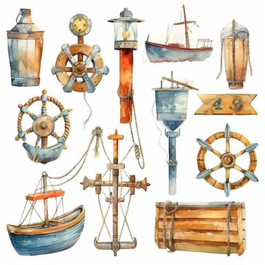 watercolor nautical docking equipment , illustrations clipart set, simple, , cartoon elements ,different variants , brass elements, , separate elements with a margin, ,4k, high resolution