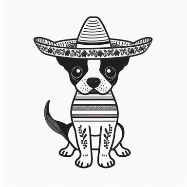 cute dog in sombrero, festive design, clipart, flat 2d vector, minimalist, black and white, kids cartoon, svg cut file, line art drawing