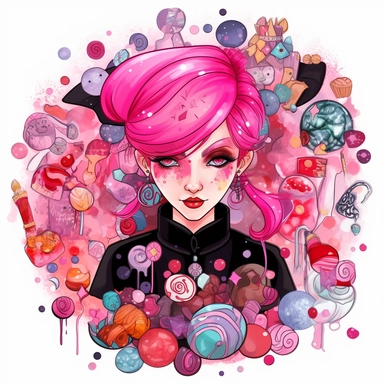 A colourful pink-black-red candy magician with pink hair. in a gothic fantasy style, depicted in a clipart image on a white background. She has a clean charismatic face. The candy-magician is placed in the center of the image and surrounded by mystical candies, cookies, muffins and magical elements, such as potions, and enchanted crystals in a candy style. The image is created with watercolors, giving it a whimsical and mystical feel. character in the style of Aleksi Briclot.