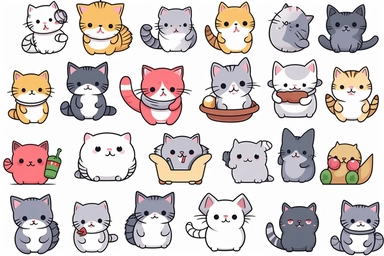 kawaii cat clip art images, in the style of kawaii charm, chilling creatures, cute cartoonish designs, clipart, vector, minimal, white background