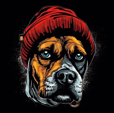 a clipart illustration of a dog wearing a beanie, in the style of aggressive digital illustration, mcdonaldpunk, intense close-ups, art of the congo, illustration, aestheticized violence, distinctive noses