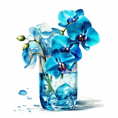 beautiful vivid realistic watercolor blue orchids, elegant glass vase, illuminated with the sun’s rays, isolated white background, clipart, hd quality –c 30