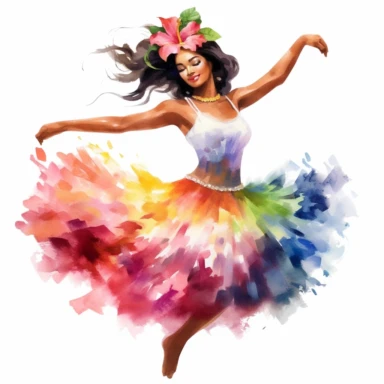 4 watercolor hawaiian hula dancer and flowers clipart, white background, spaced out, hd--v 5.1